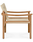 A side view of the Ethnicraft Safari Lounge Chair, showcasing its modern wooden frame with a light beige fabric seat and backrest, minimalist design, and clean lines, set against a white background.