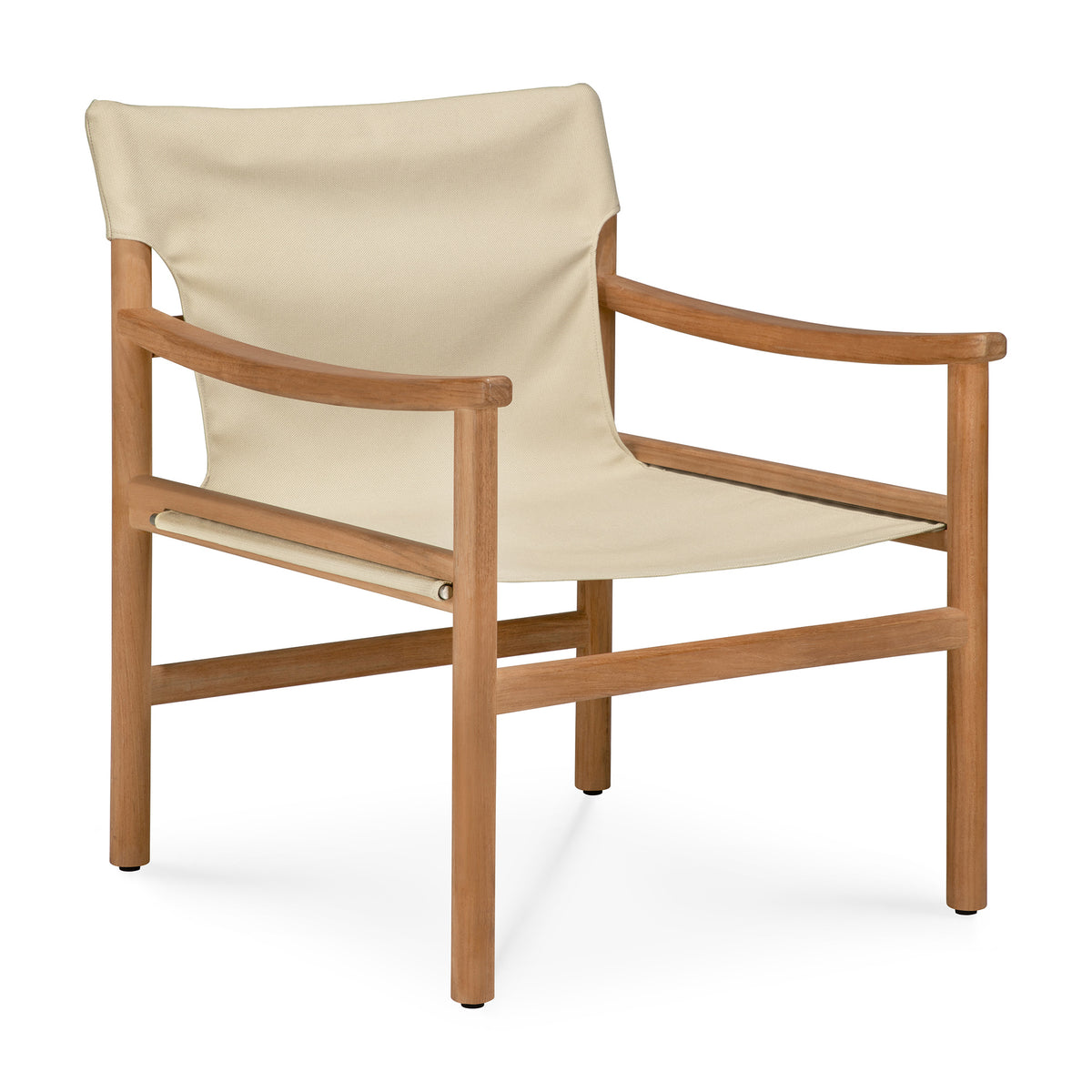 The Ethnicraft Safari Lounge Chair features a minimalist design with a light wood frame and beige fabric seat and backrest, drawing inspiration from the iconic Safari lounge chair and showcasing the refined aesthetics typical of Ethnicraft furniture.