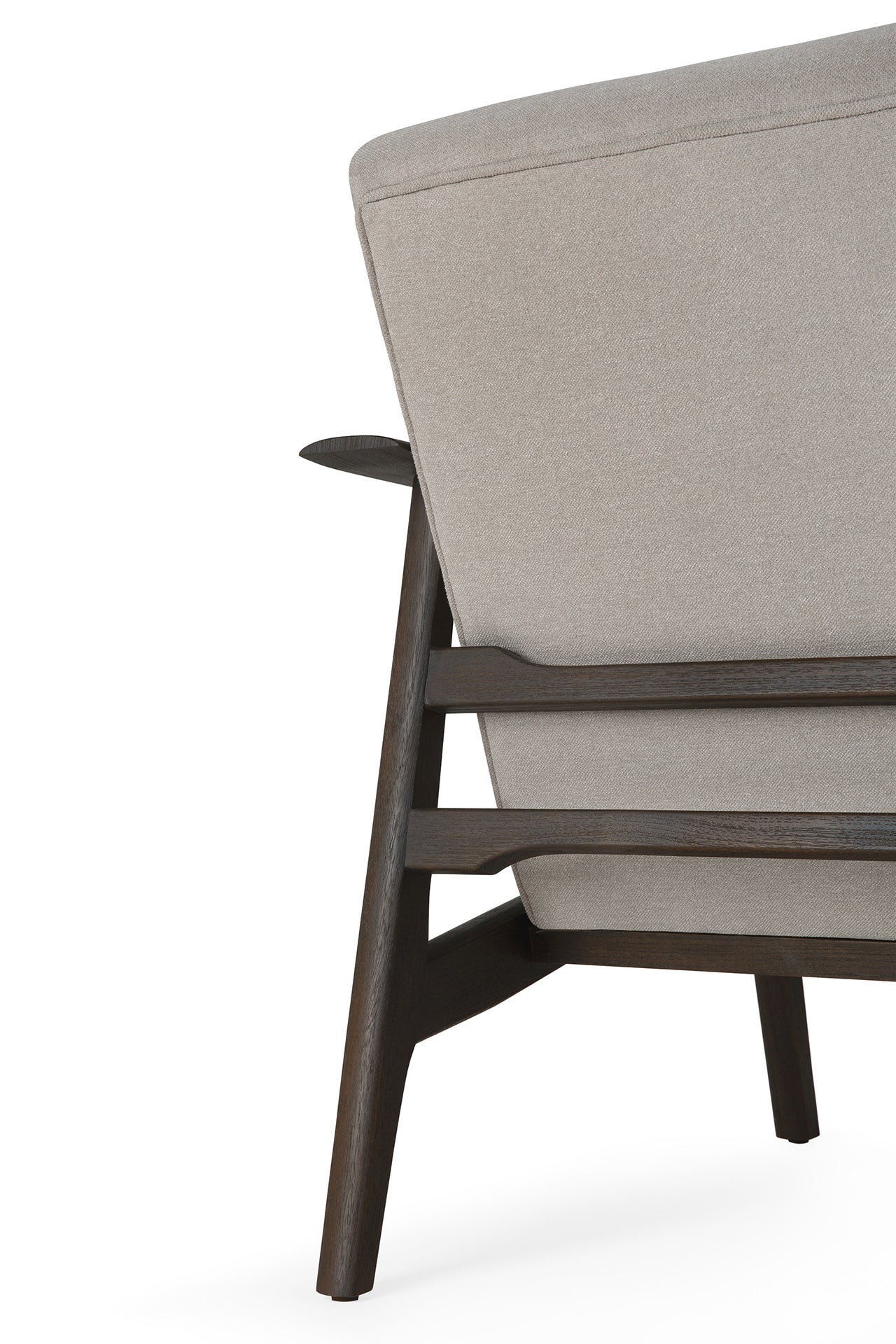 Back view of the Ethnicraft Aspekt Lounge Chair in dark brown teak, featuring light beige upholstery, angled legs, and a slatted support design.