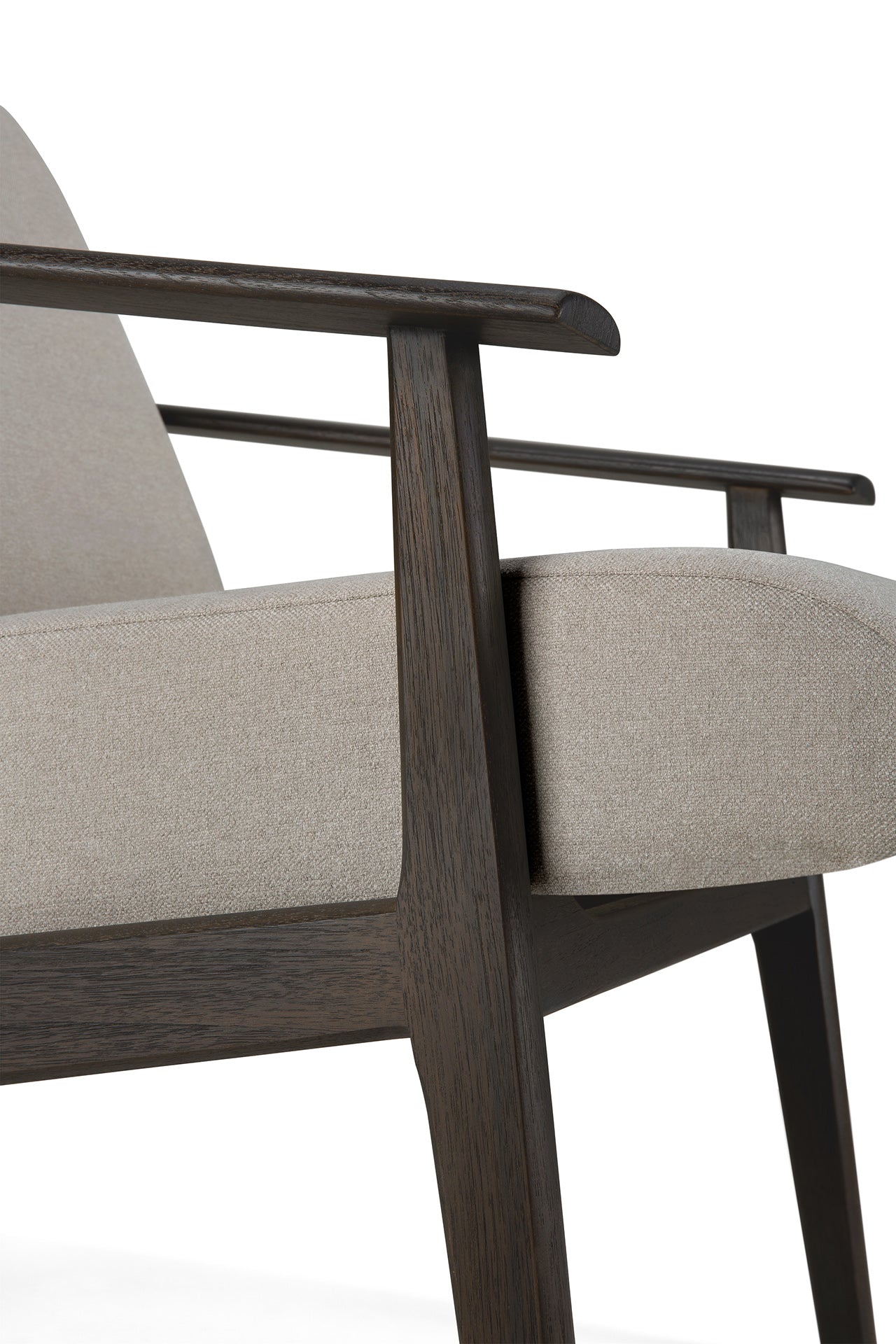 Close-up of the Ethnicraft Aspekt Lounge Chair in dark brown teak, showcasing its clean lines and minimalist design with a light beige upholstered seat and backrest against a white background.