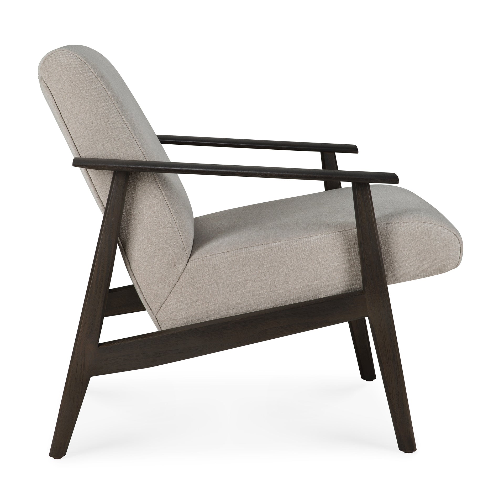 The Ethnicraft Aspekt Lounge Chair features dark brown teak legs and armrests, light gray upholstery, and a modern silhouette, shown from the side against a white background.