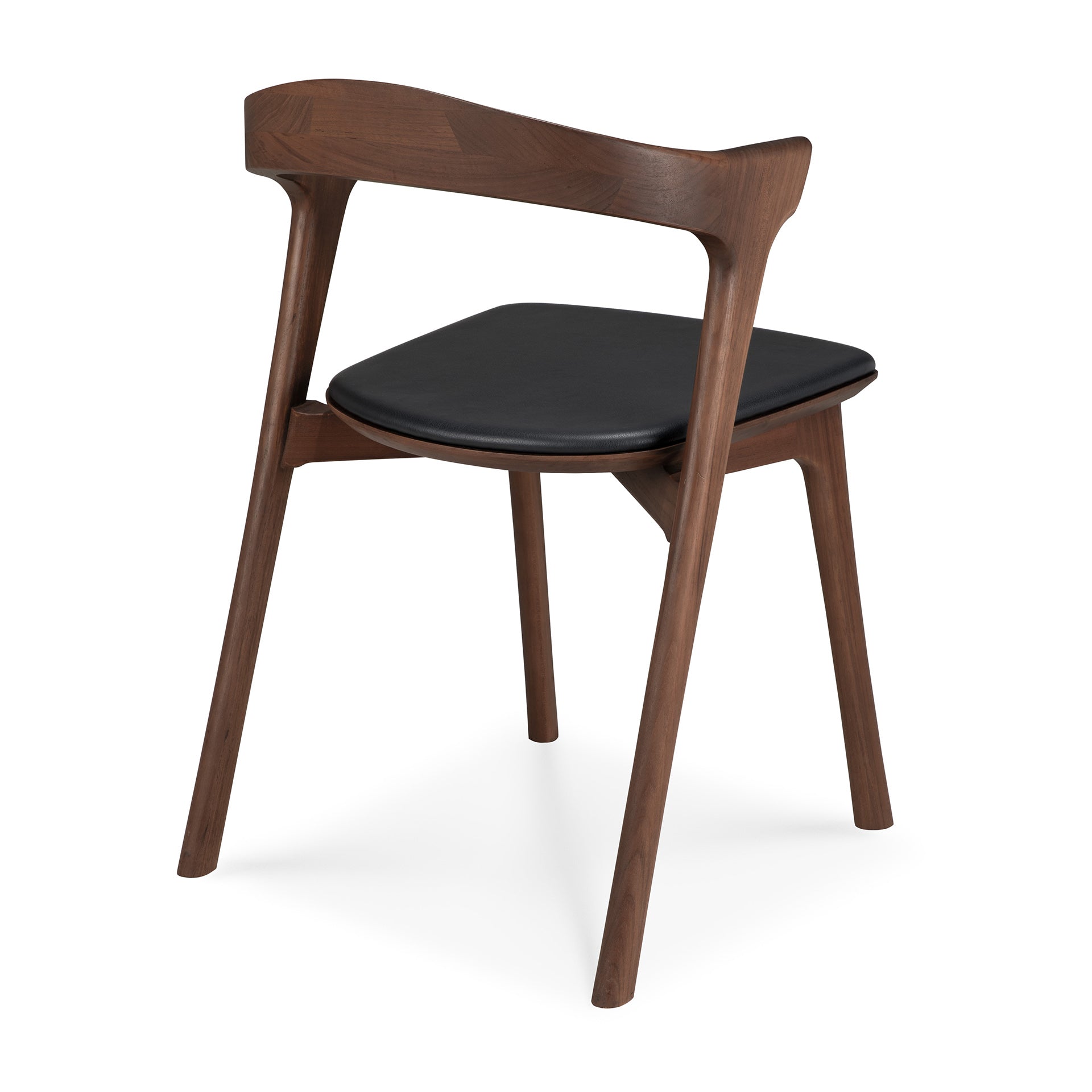 The Ethnicraft Bok Dining Chair - Teak Brown features a three-legged solid teak frame, curved backrest, and a black leather cushioned seat, displayed on a white background.