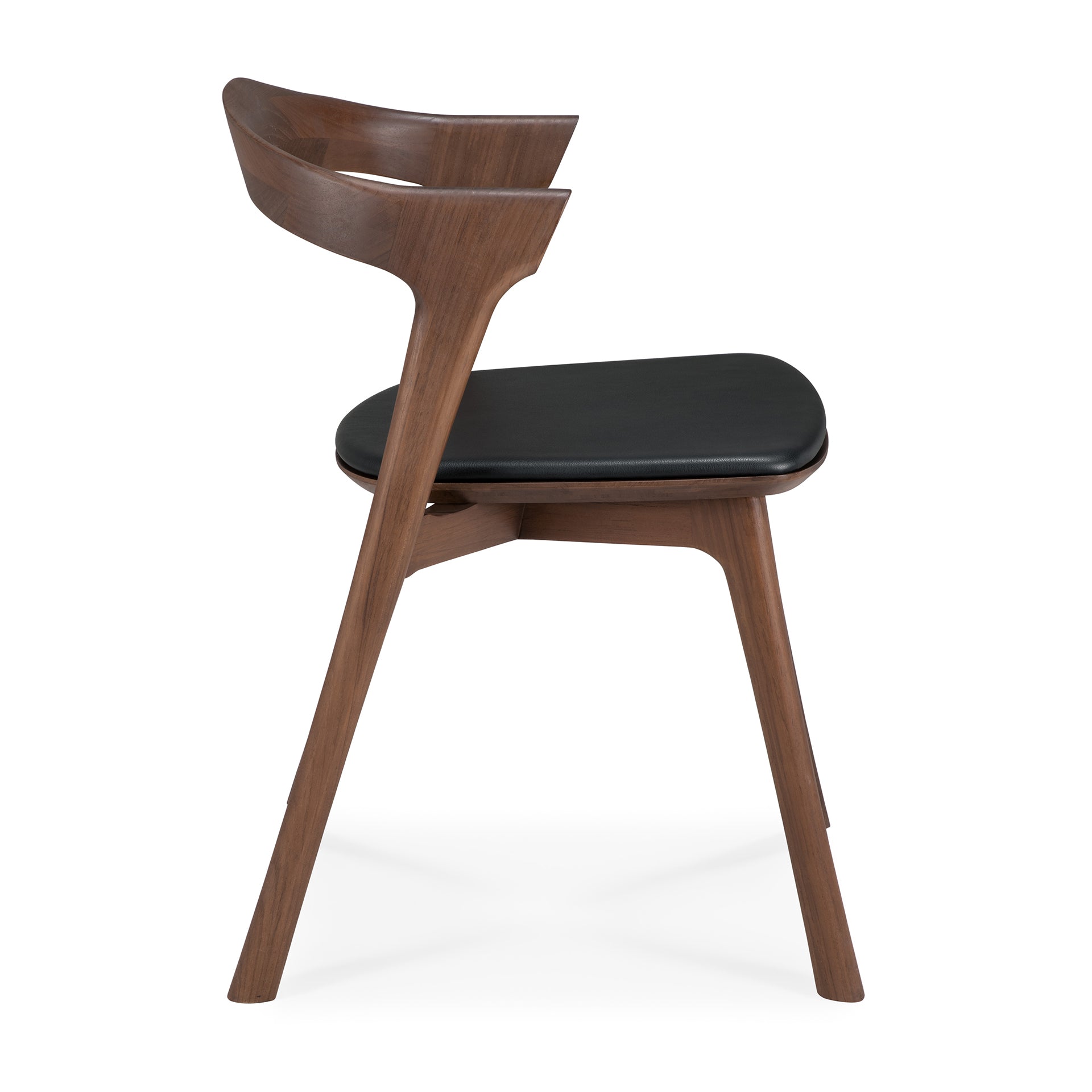 The Ethnicraft Bok Dining Chair - Teak Brown features a curved backrest and black leather seat cushion, crafted from solid teak, shown in profile against a white background.