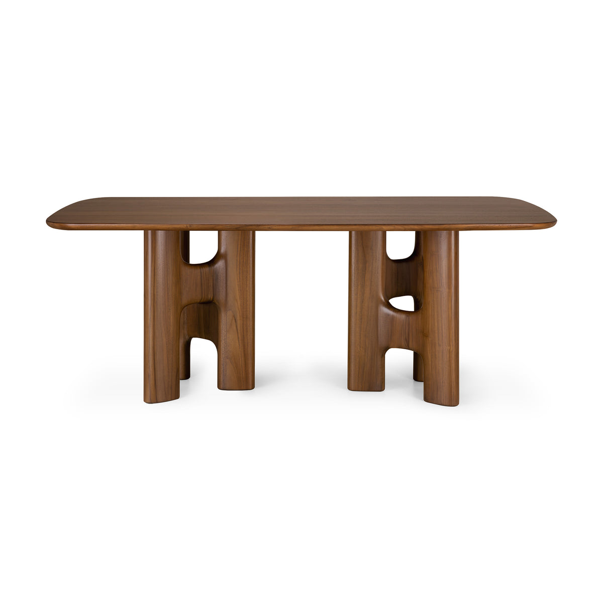 Ethnicraft Flow Dining Table | Teak Wild Brown featuring a rectangular solid wood top supported by two sculptural, curved pedestal bases.