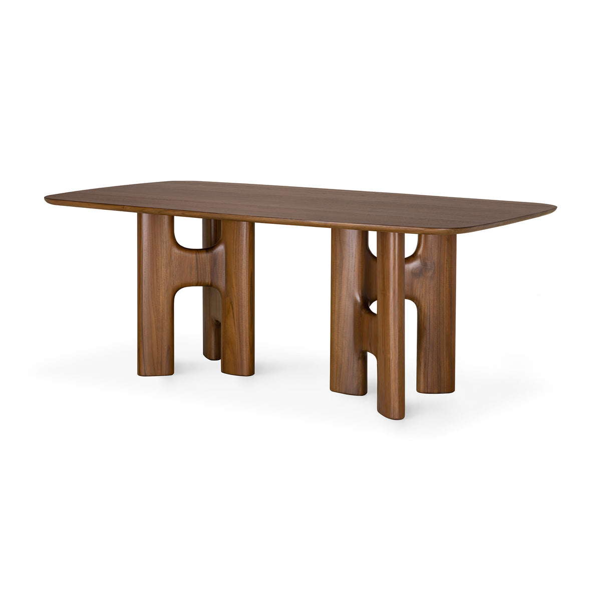 Rectangular Flow Dining Table | Teak Wild Brown by Ethnicraft, featuring a smooth solid wood tabletop supported by two sculptural, curved pedestal bases.