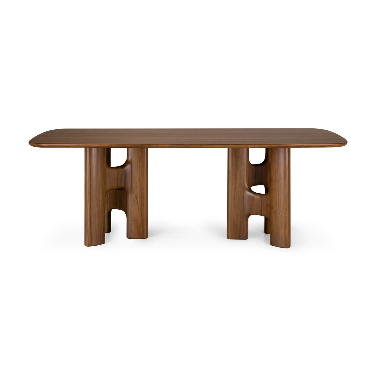 Ethnicraft Flow Dining Table | Teak Wild Brown made of solid wood with rounded corners and two sculptural, H-shaped pedestal legs.