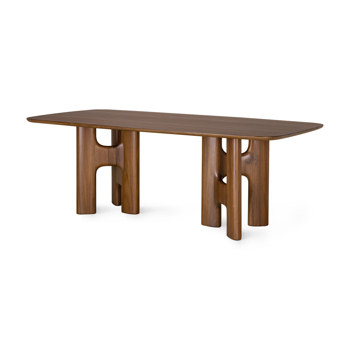 Ethnicraft Flow Dining Table | Teak Wild Brown, a solid wood dining table with a rectangular top set upon two sculptural, cutout pedestal bases.