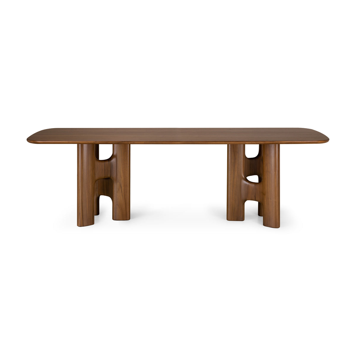 Rectangular Ethnicraft Flow Dining Table | Teak Wild Brown in dark wood with rounded corners, supported by two sculptural H-shaped legs.