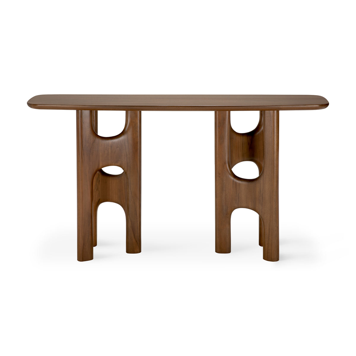 Ethnicraft Flow Console | Teak Wild Brown featuring a smooth rectangular top and two sculptural legs with organic, cutout openings.
