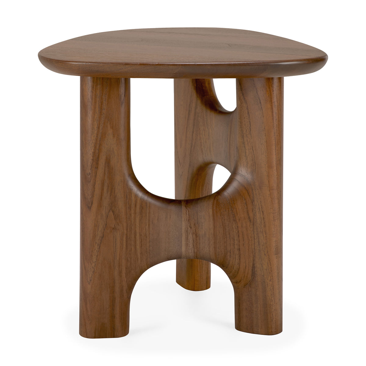 The Flow Side Table by Ethnicraft is a compact, solid mahogany piece featuring a sleek, rounded triangular top and three substantial curved legs with cut-out arches, all finished in a rich dark brown—ideal for introducing vintage modern style to any space.