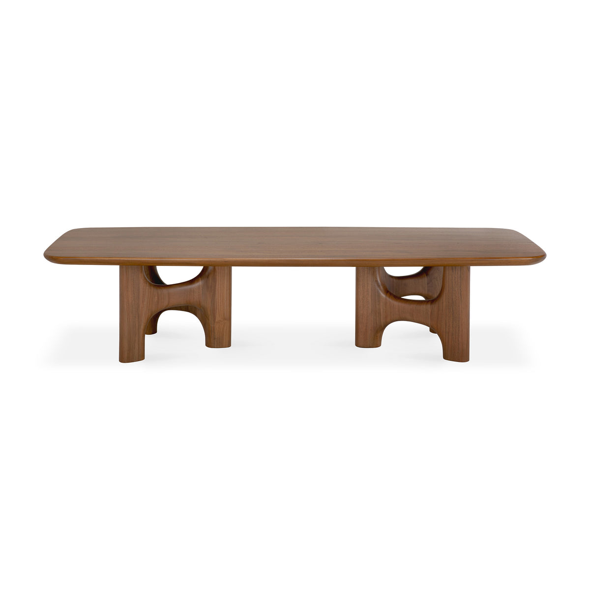 Ethnicraft Flow Coffee Table | Teak Wild Brown made of solid wood, featuring a rectangular top with rounded corners and four sculptural, arch-shaped legs.