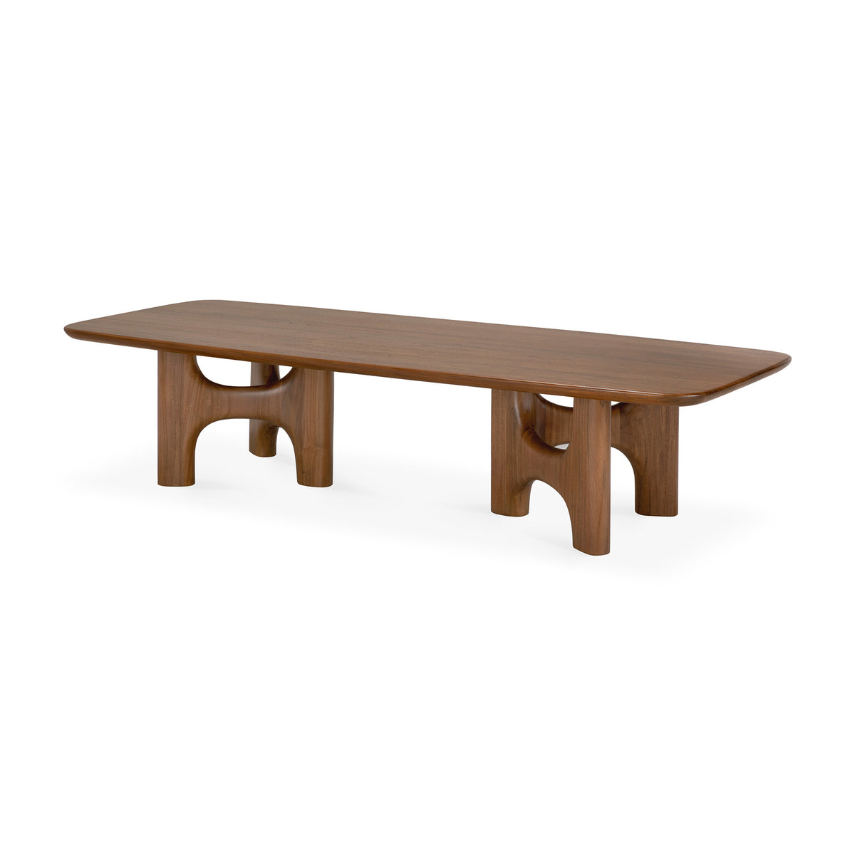 Ethnicraft Flow Coffee Table | Teak Wild Brown in solid wood, featuring a rectangular top with rounded edges and two sculpted, arched bases.