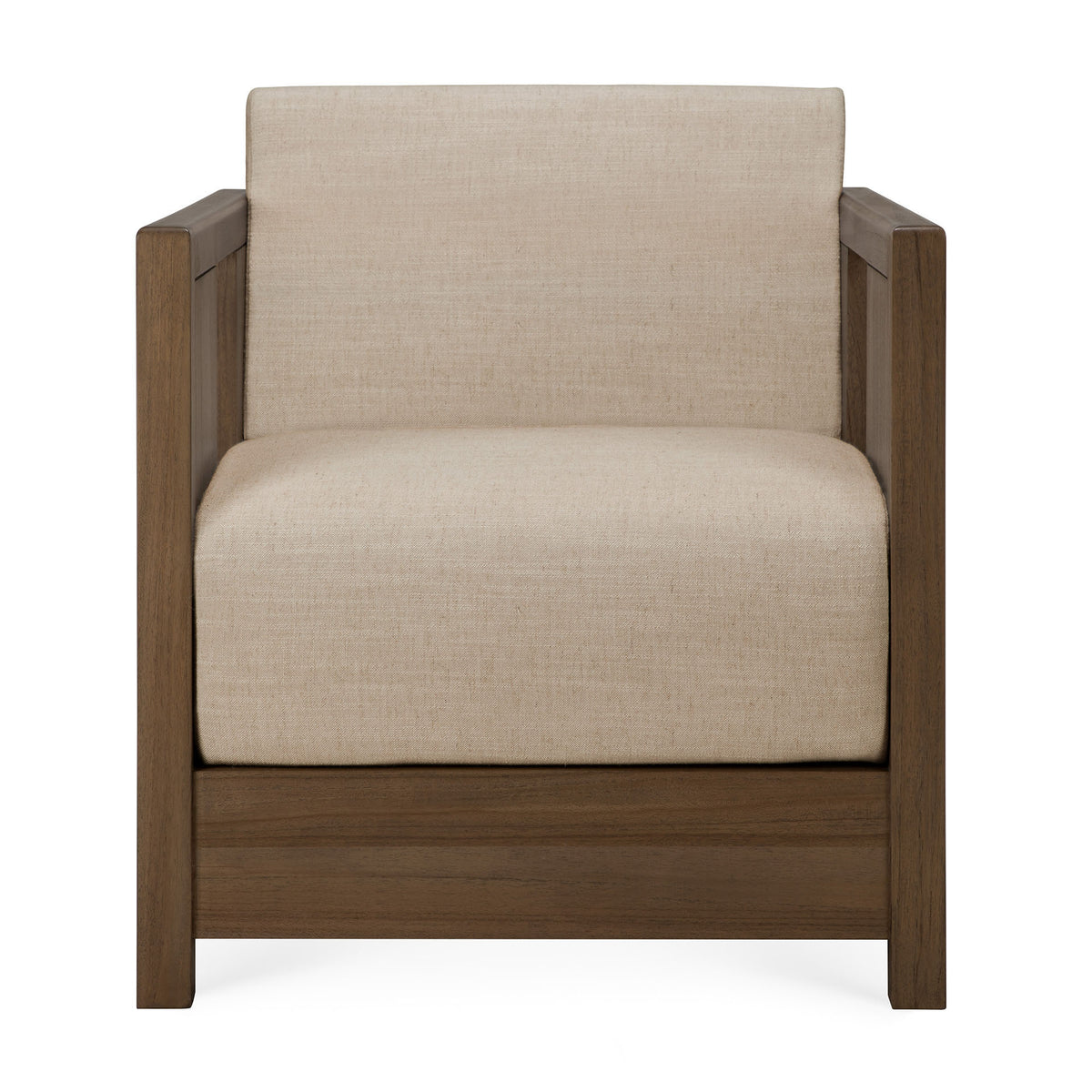 Front view of the Roan Lounge Chair | Flax by Ethnicraft, featuring a solid teak wooden frame and beige upholstered seat and backrest. The boxy, minimalist design embodies timeless style and durable craftsmanship.