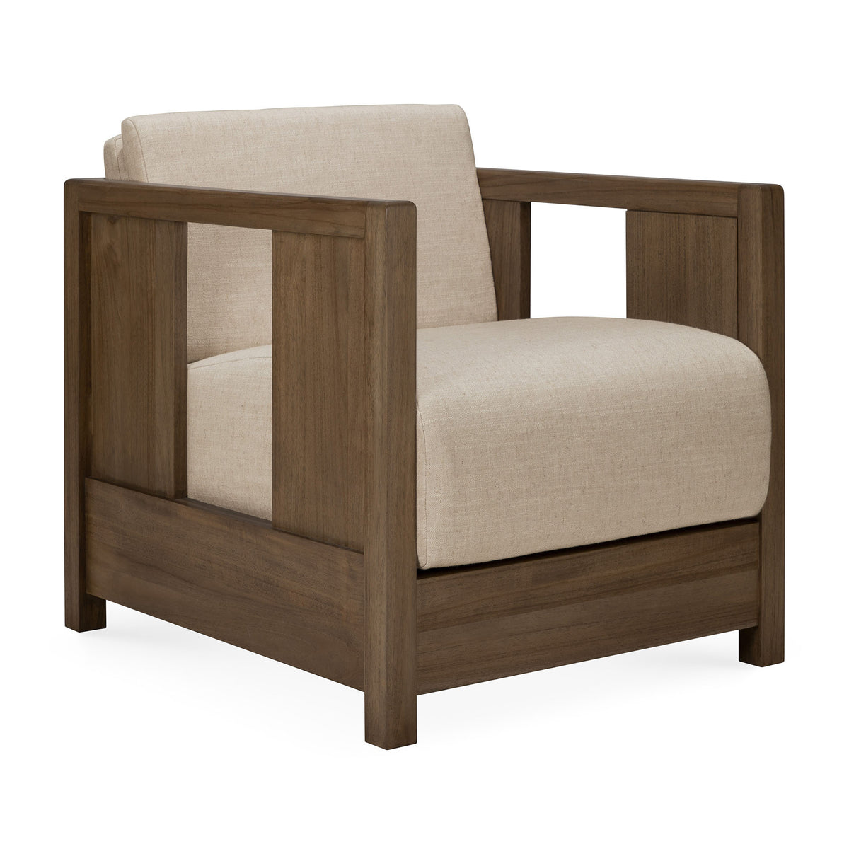 The Roan Lounge Chair | Flax by Ethnicraft features a sturdy solid teak wooden frame with a light beige upholstered seat and backrest, wide armrests, and an open, boxy design. This modern lounge chair is photographed against a plain white background.
