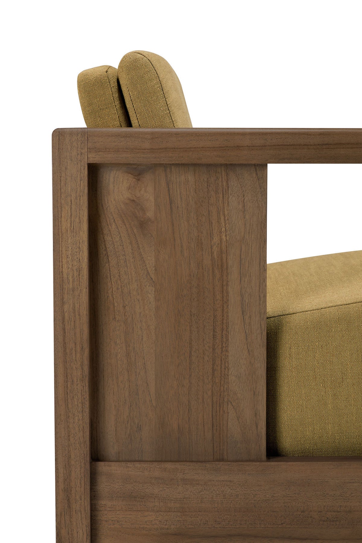 Close-up of the side of the Roan Lounge Chair | Amber by Ethnicraft, showcasing a light brown solid teak frame with mustard yellow upholstered seat and back cushions. This chair beautifully combines natural materials with modern comfort.