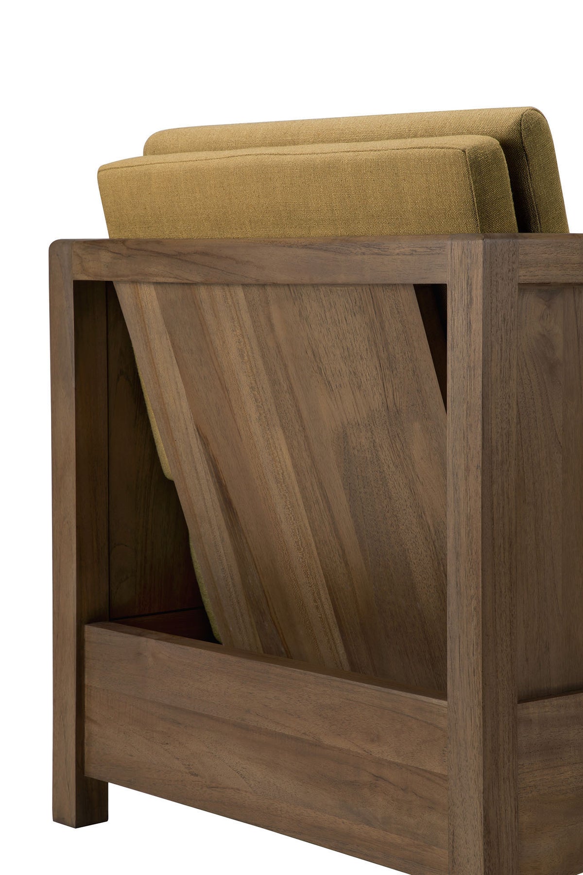 A close-up of the back of the Roan Lounge Chair | Amber by Ethnicraft shows two angled, olive-green seat cushions visible above the frame. The solid teak wood features a smooth, polished finish and clean, modern lines.