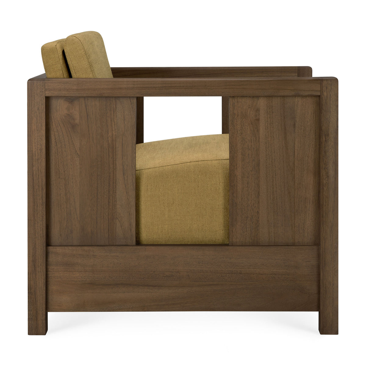 Side view of the Roan Lounge Chair | Amber by Ethnicraft, showcasing a solid teak frame and amber-hued cushions, with a distinctive rectangular cutout in the wooden armrest panel—a signature detail of Ethnicraft furniture.