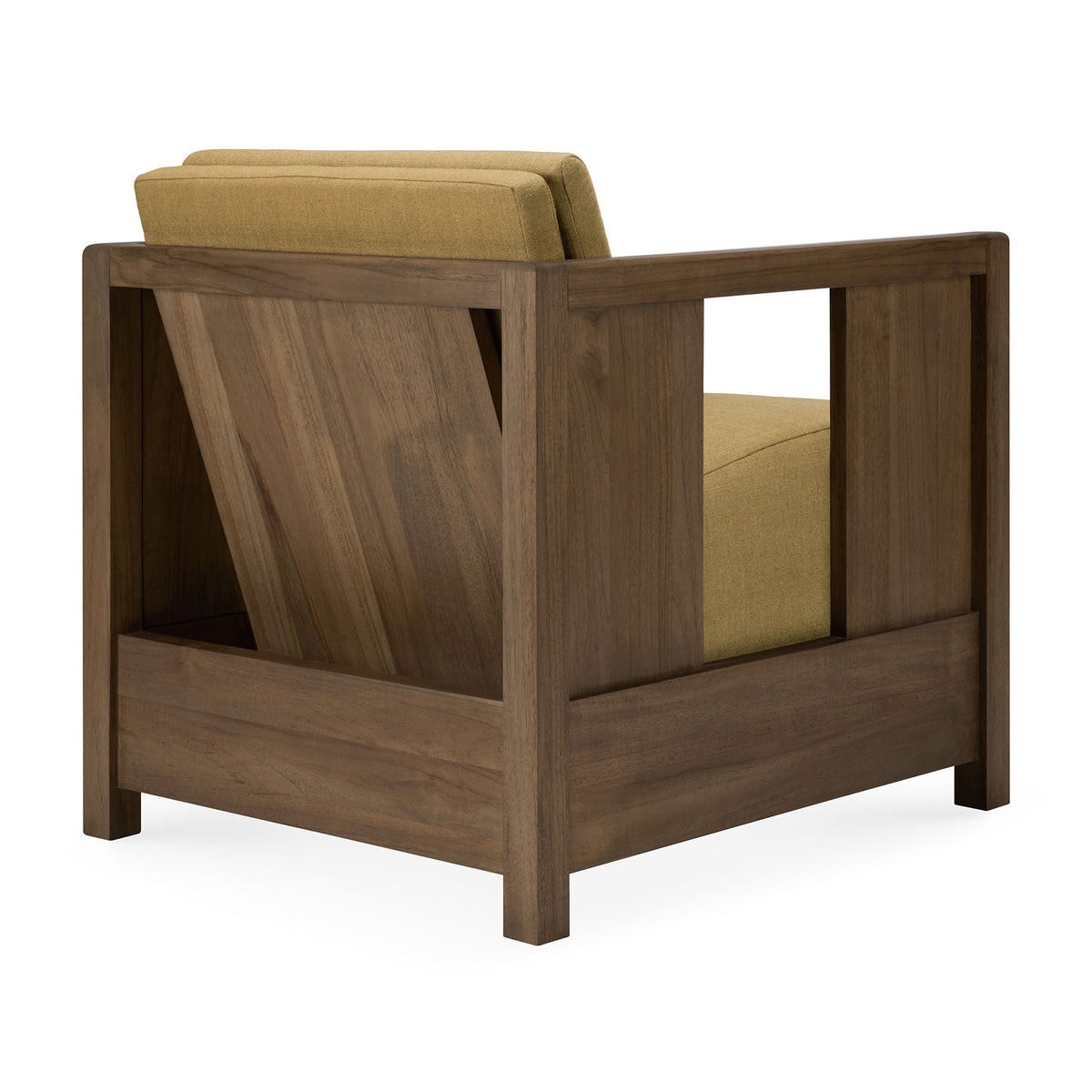 The Roan Lounge Chair | Amber by Ethnicraft is a modern armchair with a solid teak wooden frame and amber yellow cushions, shown from the back. Inspired by the Roan lounge chair collection, it features clean lines and an angled backrest that showcase its distinctive craftsmanship.