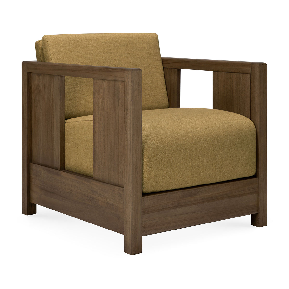 A modern Roan Lounge Chair | Amber by Ethnicraft, featuring a solid teak wooden frame with wide open sides and an amber-hued cushioned seat and backrest, set against a white background—an elegant addition to any space.