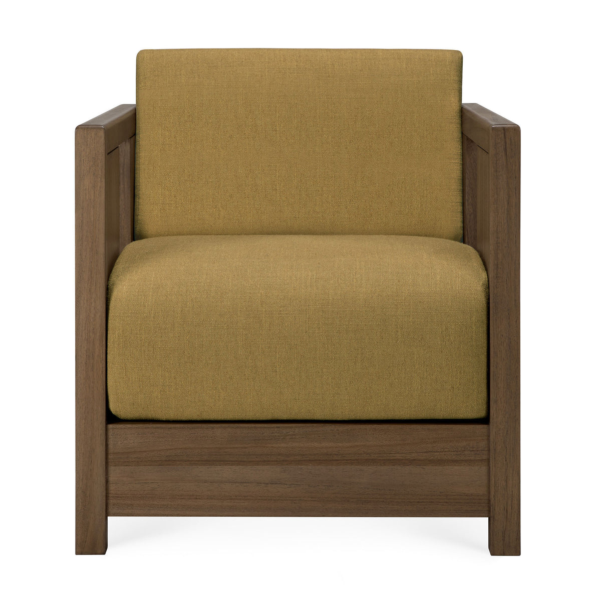 A contemporary Roan Lounge Chair | Amber by Ethnicraft is shown from the front against a white background, featuring a solid teak wooden frame and an olive green upholstered seat and backrest. This refined armchair draws inspiration from classic Ethnicraft design, offering lasting durability and timeless style.