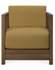 A contemporary Roan Lounge Chair | Amber by Ethnicraft is shown from the front against a white background, featuring a solid teak wooden frame and an olive green upholstered seat and backrest. This refined armchair draws inspiration from classic Ethnicraft design, offering lasting durability and timeless style.