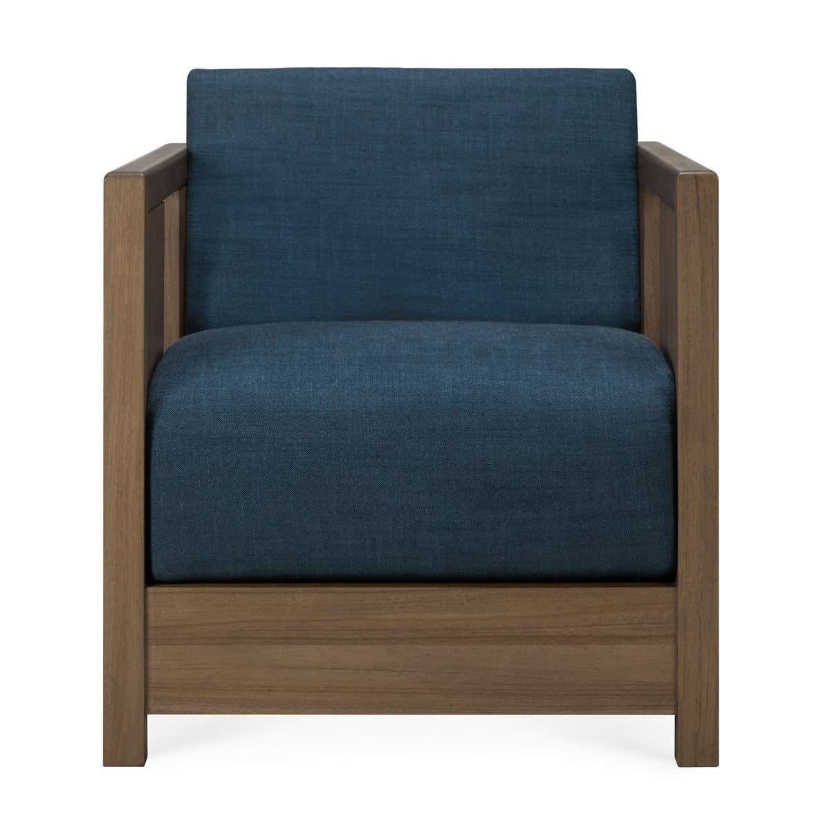 The Roan Lounge Chair | Ink by Ethnicraft is a modern armchair featuring a wooden frame and blue upholstered seat and backrest, presented from the front against a white background. Vintage-inspired, this chair effortlessly combines classic elegance with contemporary design.