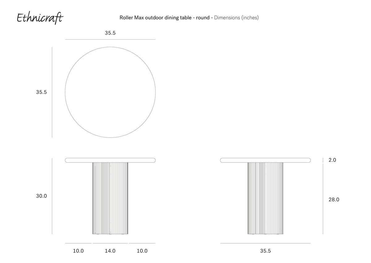 Diagram illustrating the dimensions of the Ethnicraft Roller Max Outdoor Dining Table: 35.5″ diameter, 28″ height, and a leg width of 14″. Crafted by Ethnicraft with a hand-finished concrete top and reclaimed teak base, this round outdoor dining table is presented with top, front, and side views, showing measurements in inches.