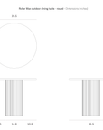 Diagram illustrating the dimensions of the Ethnicraft Roller Max Outdoor Dining Table: 35.5″ diameter, 28″ height, and a leg width of 14″. Crafted by Ethnicraft with a hand-finished concrete top and reclaimed teak base, this round outdoor dining table is presented with top, front, and side views, showing measurements in inches.