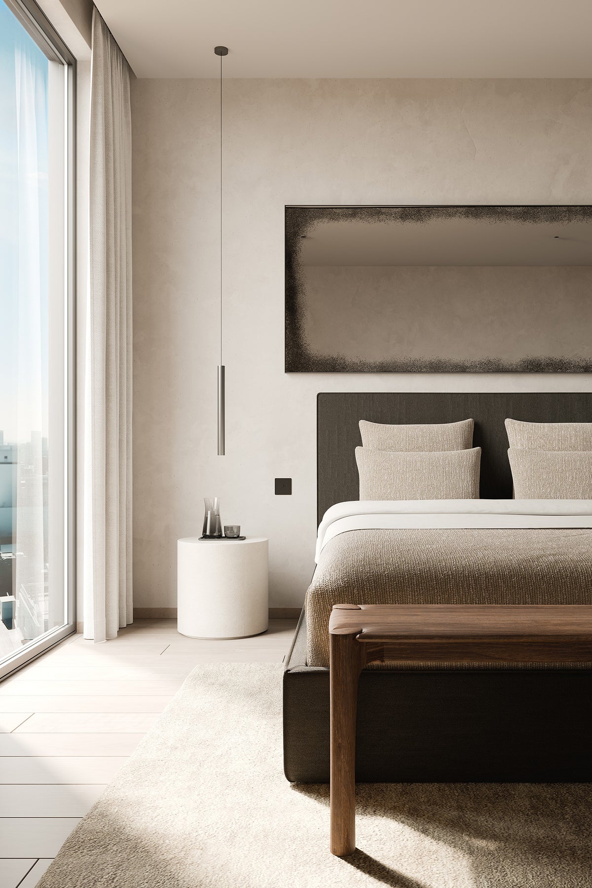A minimalist bedroom featuring the elegant Ethnicraft Revive Bed - Grey with linen removable covers, complemented by two pillows, a wooden bench, a round white side table, and a pendant light. Floor-to-ceiling windows fill the space with natural light, while neutral tones and modern decor contribute to a serene atmosphere.