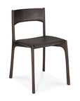 The Ethnicraft PI Dining Chair - Teak Dark Brown features a modern, minimalist design with solid teak construction, a dark brown finish, gently curved seat and backrest, and four straight legs.