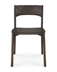 The Ethnicraft PI Dining Chair - Teak Dark Brown features a curved backrest, flat seat, and four straight legs in solid teak, shown from the front against a white background.