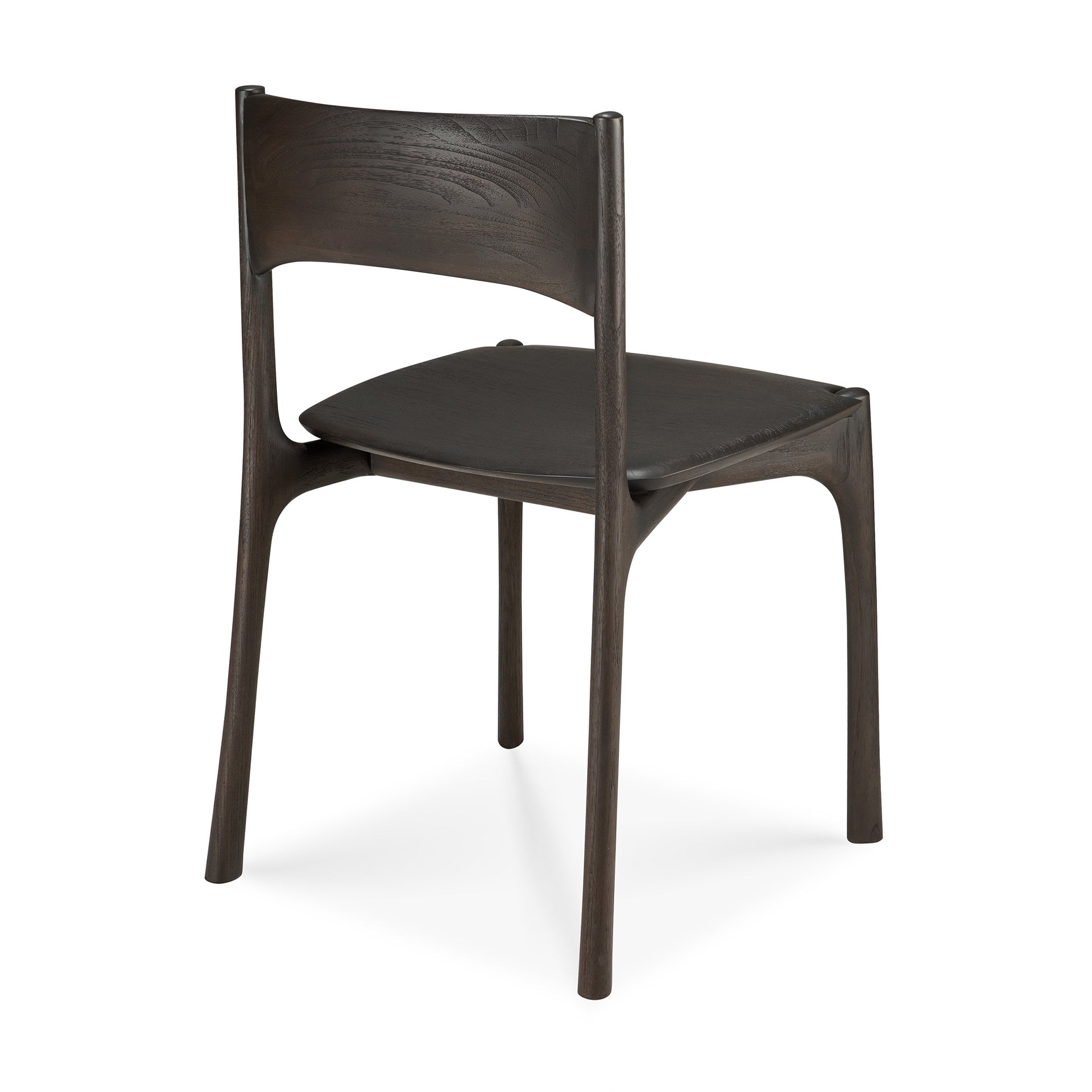 The Ethnicraft PI Dining Chair - Teak Dark Brown is shown from the back, highlighting its solid teak build, straight backrest, curved seat, sleek straight legs, and smooth edges in a simple modern style.