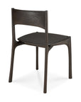 The Ethnicraft PI Dining Chair - Teak Dark Brown is shown from the back, highlighting its solid teak build, straight backrest, curved seat, sleek straight legs, and smooth edges in a simple modern style.