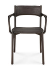 The Ethnicraft PI Dining Chair - Teak Dark Brown with arms features a modern solid teak build, curved backrest, and gently sloping armrests, shown front view on white background—an elegant handcrafted furniture piece.