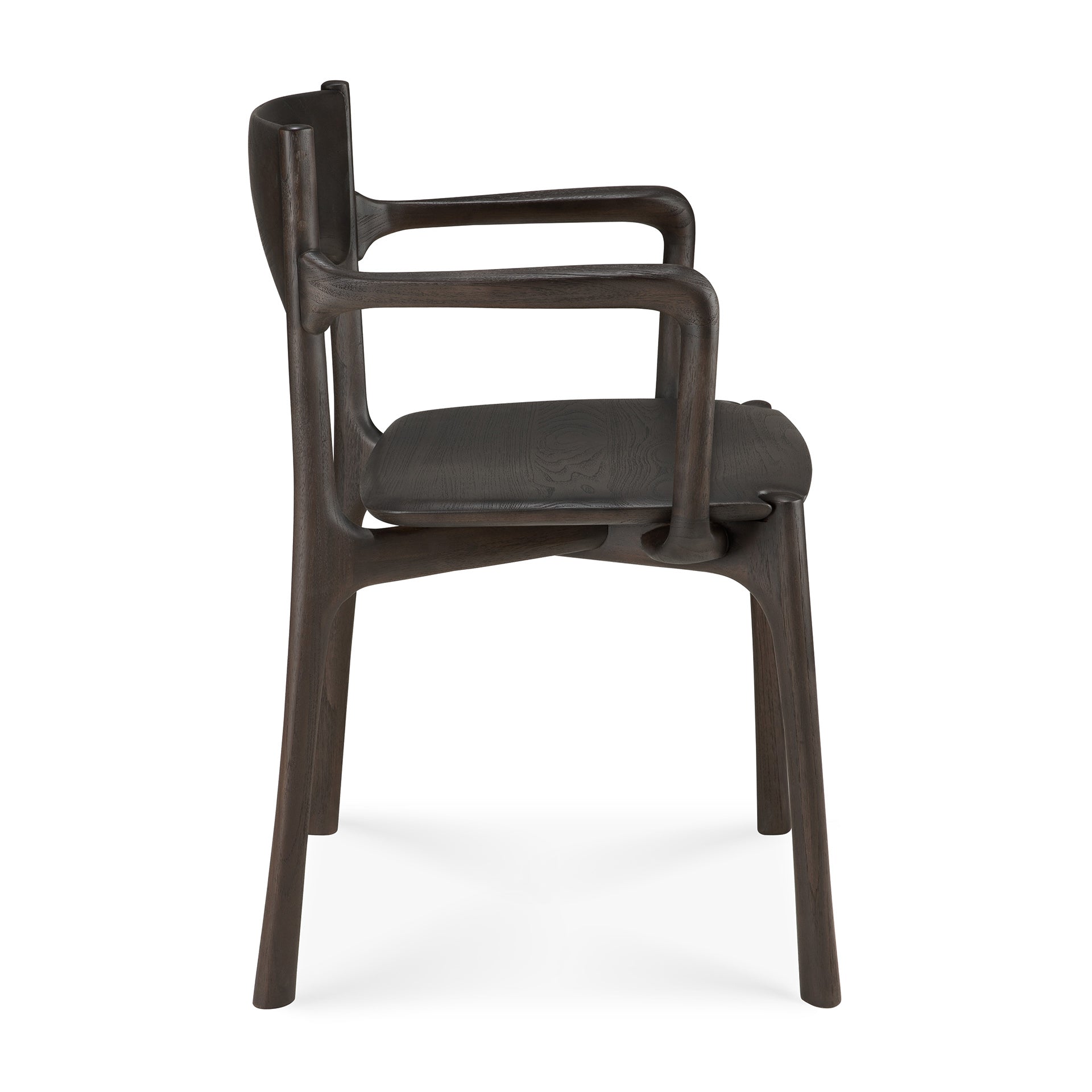 Side view of the Ethnicraft PI Dining Chair in Teak Dark Brown with arms—a modern chair featuring a curved backrest, built-in armrests, and sculpted seat, beautifully handcrafted and set against a plain white background.