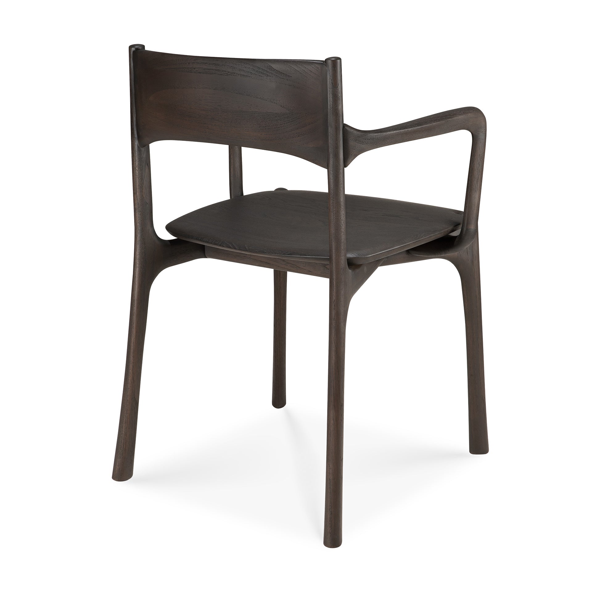 The Ethnicraft PI Dining Chair in Teak Dark Brown features integrated armrests, a curved backrest, and smooth rounded edges. Its sleek, minimalist design with slightly angled legs brings an elegant handcrafted accent to any space.