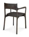 The Ethnicraft PI Dining Chair in Teak Dark Brown features integrated armrests, a curved backrest, and smooth rounded edges. Its sleek, minimalist design with slightly angled legs brings an elegant handcrafted accent to any space.
