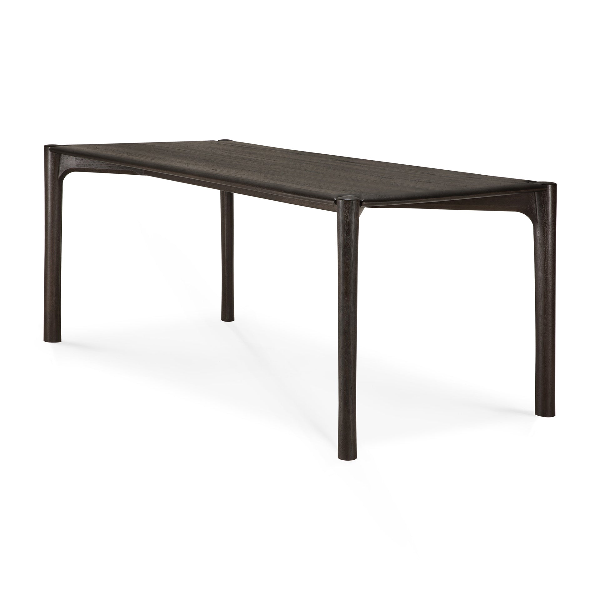 The Ethnicraft PI Dining Table - Teak Dark Brown features a modern rectangular design with four slim, gently rounded legs and a smooth minimalist surface, shown against a white background.