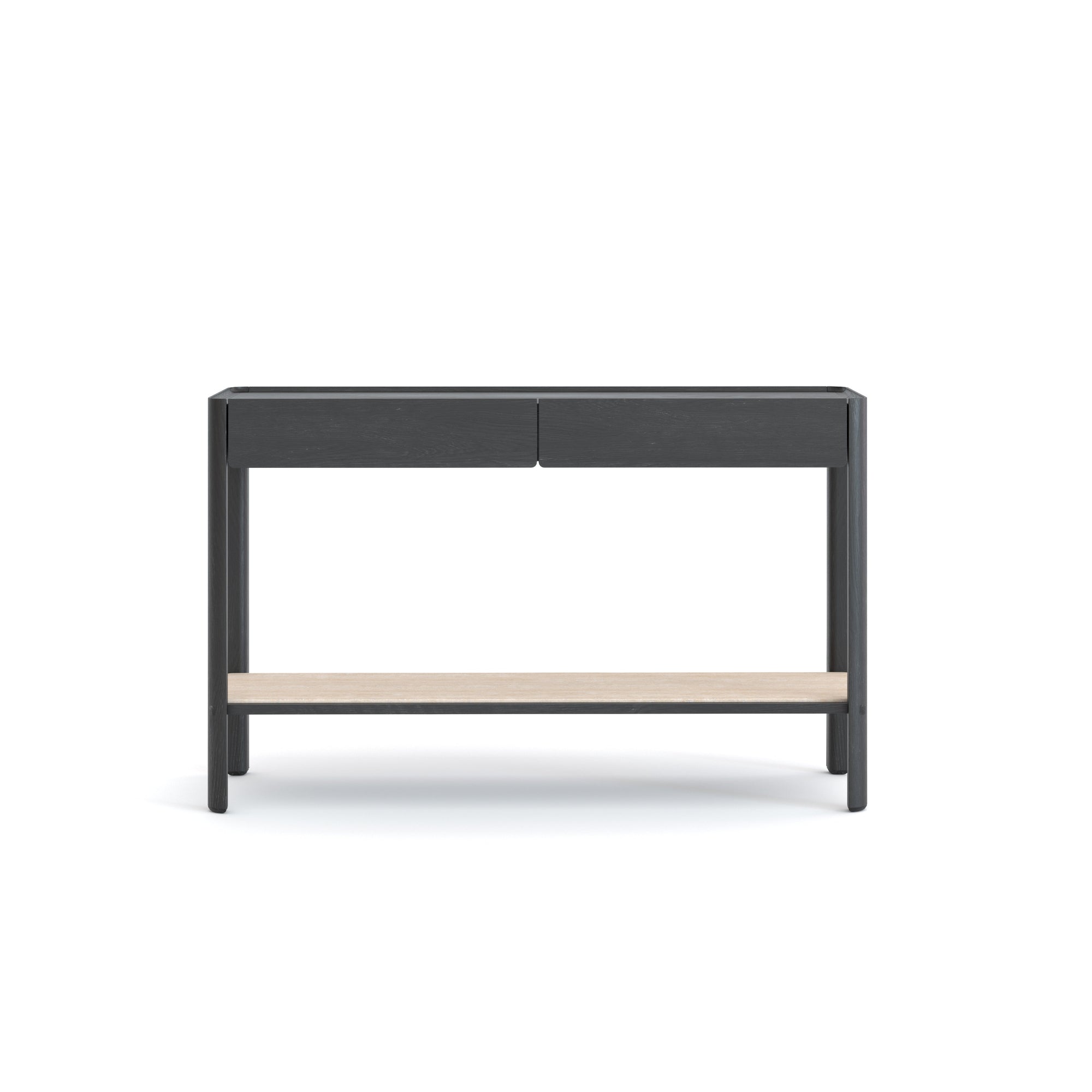 The Wooden Stories Nell Console in Black Oak with Stone features two black drawers and a light wood lower shelf, inspired by Scandinavian design, shown against a plain white background.