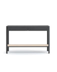 The Wooden Stories Nell Console in Black Oak with Stone features two black drawers and a light wood lower shelf, inspired by Scandinavian design, shown against a plain white background.