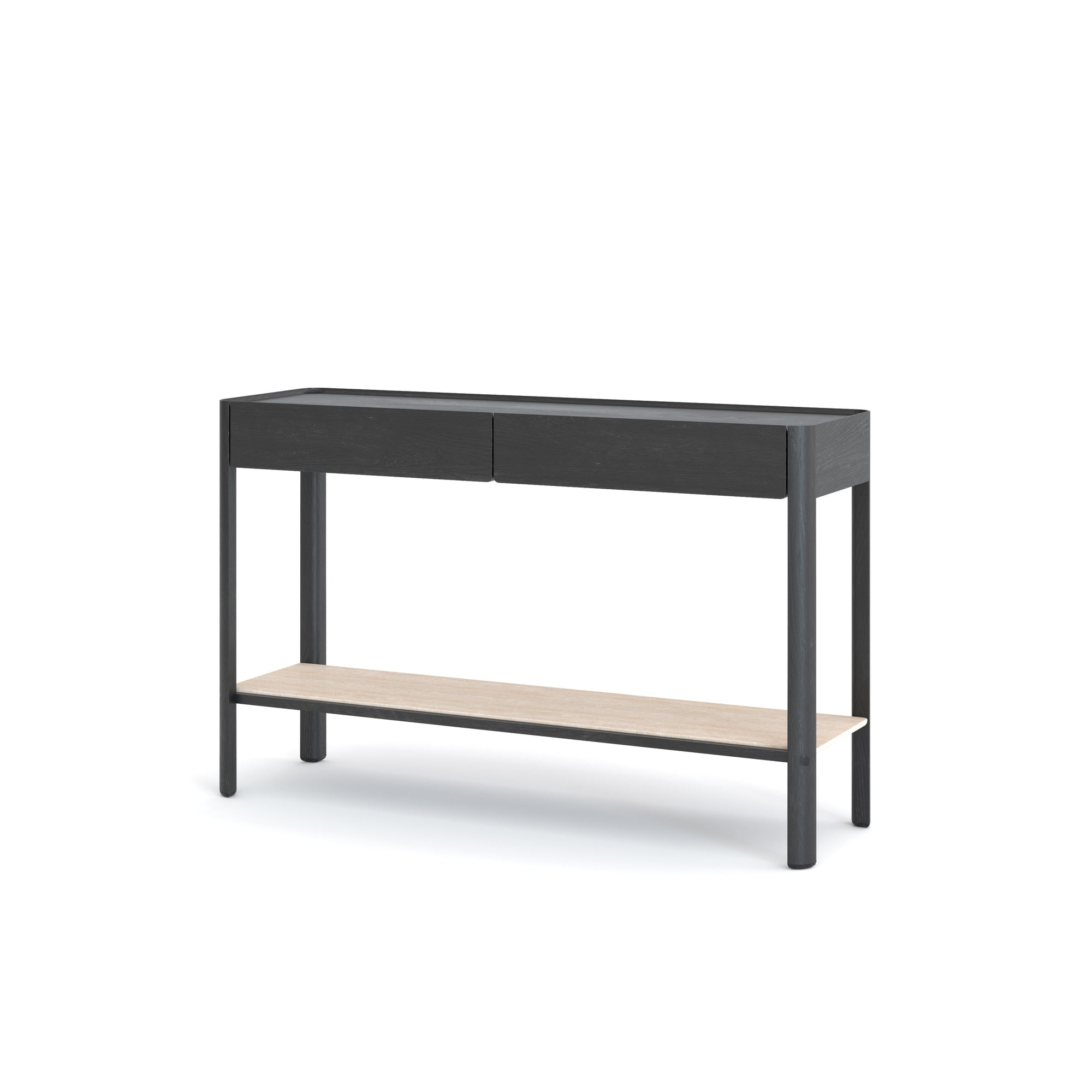 The Nell Console by Wooden Stories features a dark rectangular top, two drawers, black legs, and a light oak shelf in solid wood—showcasing timeless Scandinavian design in black oak with stone—displayed on a white background.