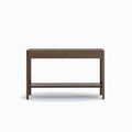The Nell Console by Wooden Stories in Espresso Oak is crafted from solid oak with two drawers and an open lower shelf. Its minimalist rectangular design features clean lines, shown here against a plain white background.