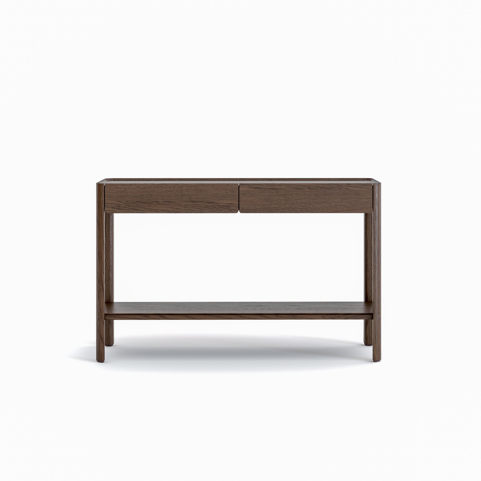 The Nell Console by Wooden Stories in Espresso Oak is crafted from solid oak with two drawers and an open lower shelf. Its minimalist rectangular design features clean lines, shown here against a plain white background.