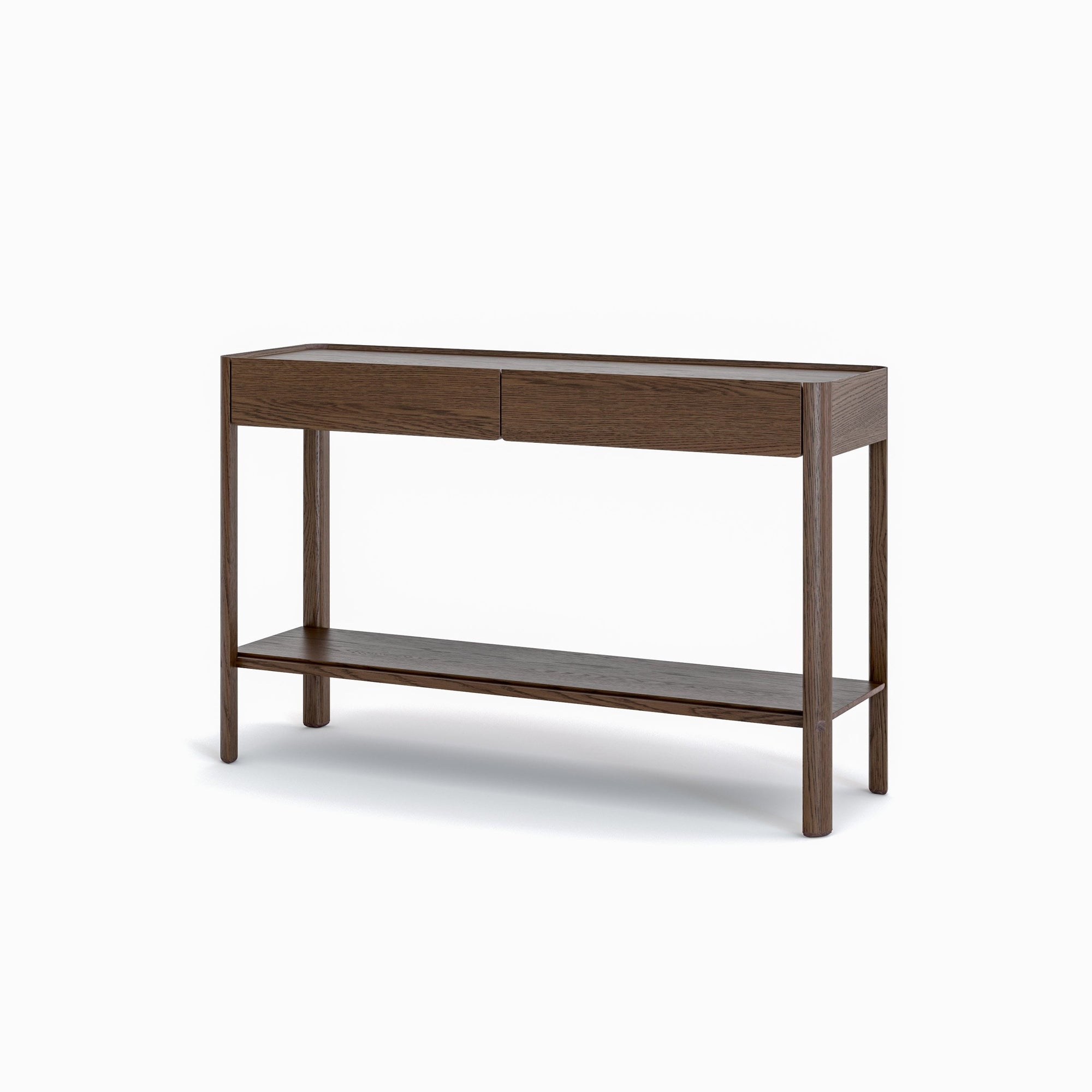 The Nell Console by Wooden Stories features two drawers, an open lower shelf, and clean Scandinavian lines in an espresso oak finish, all standing on four legs—perfect for modern spaces.