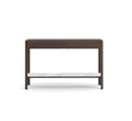The Nell Console by Wooden Stories features espresso oak craftsmanship, soft-close drawers, and a white stone lower shelf—blending Scandinavian elegance and solid design, shown here against a plain white background.