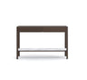 The Nell Console by Wooden Stories features espresso oak craftsmanship, soft-close drawers, and a white stone lower shelf—blending Scandinavian elegance and solid design, shown here against a plain white background.