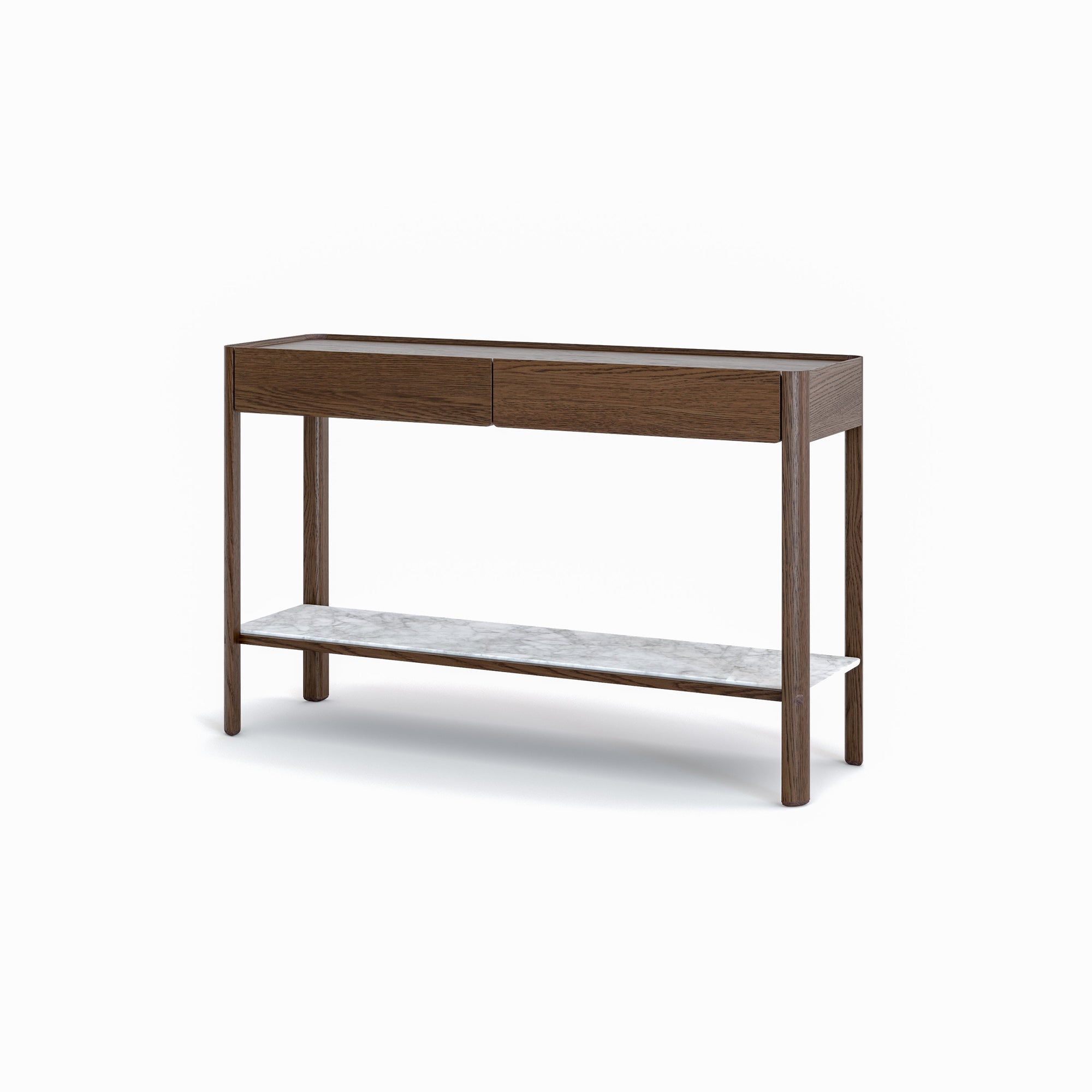 The Nell Console by Wooden Stories features solid espresso oak craftsmanship, two soft-close drawers, and a white stone lower shelf, all showcased against a plain white background.