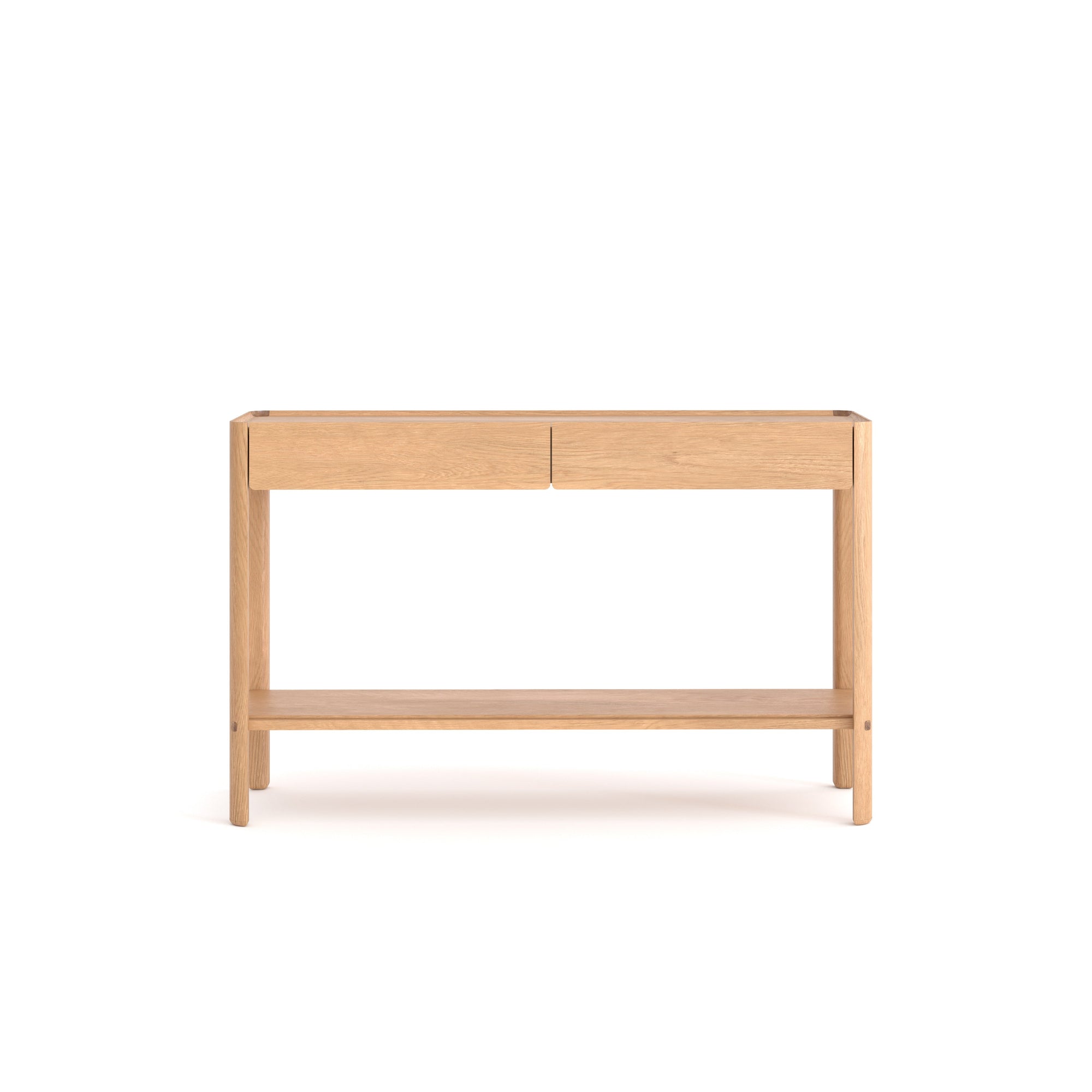 The Nell Console by Wooden Stories is a light oak table with two soft-close drawers, a lower shelf, and clean, minimalist Scandinavian lines, shown against a plain white background.