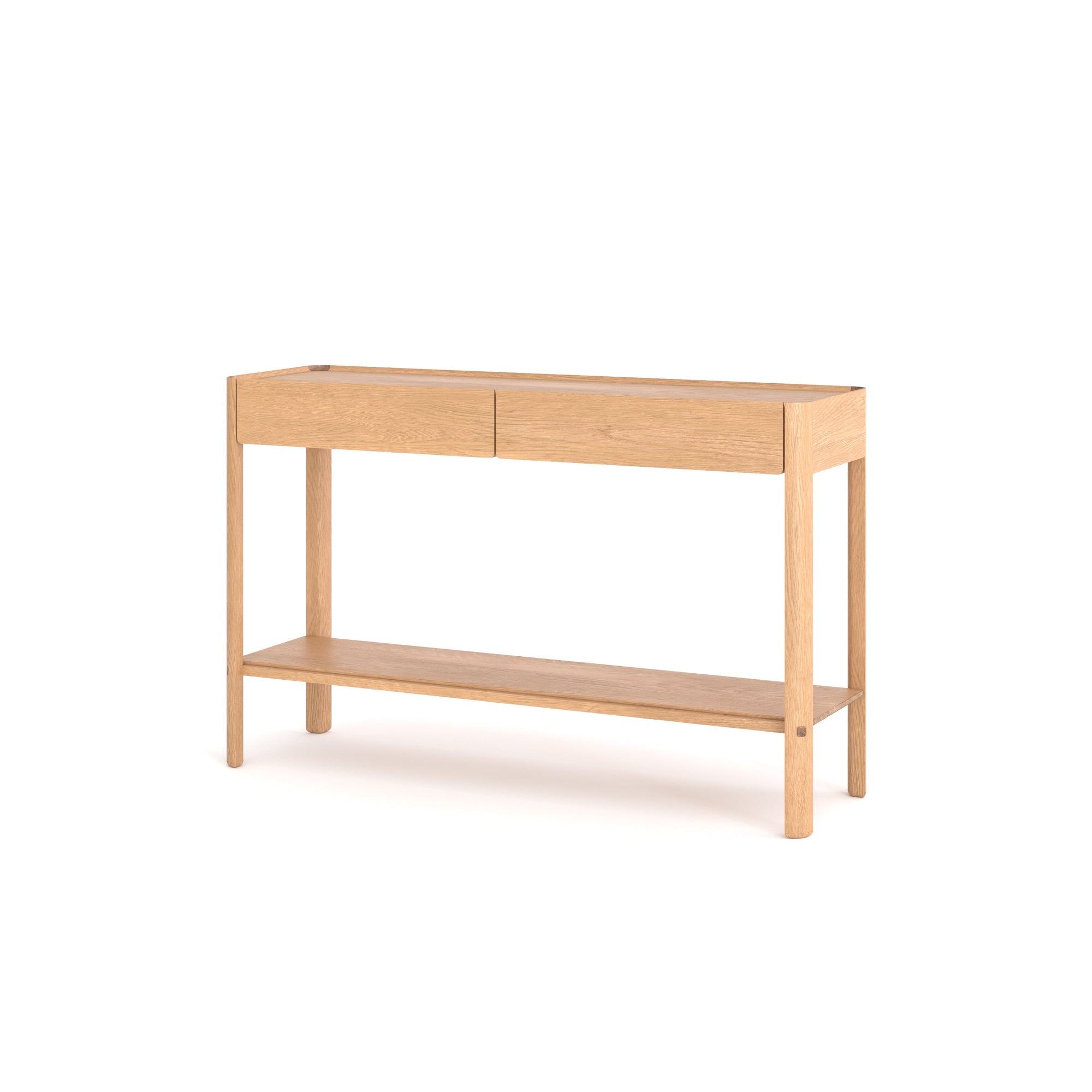 The Wooden Stories Nell Console in Light Oak is a minimalist Scandinavian-inspired solid oak table with two soft-close drawers and an open lower shelf, shown against a white background.
