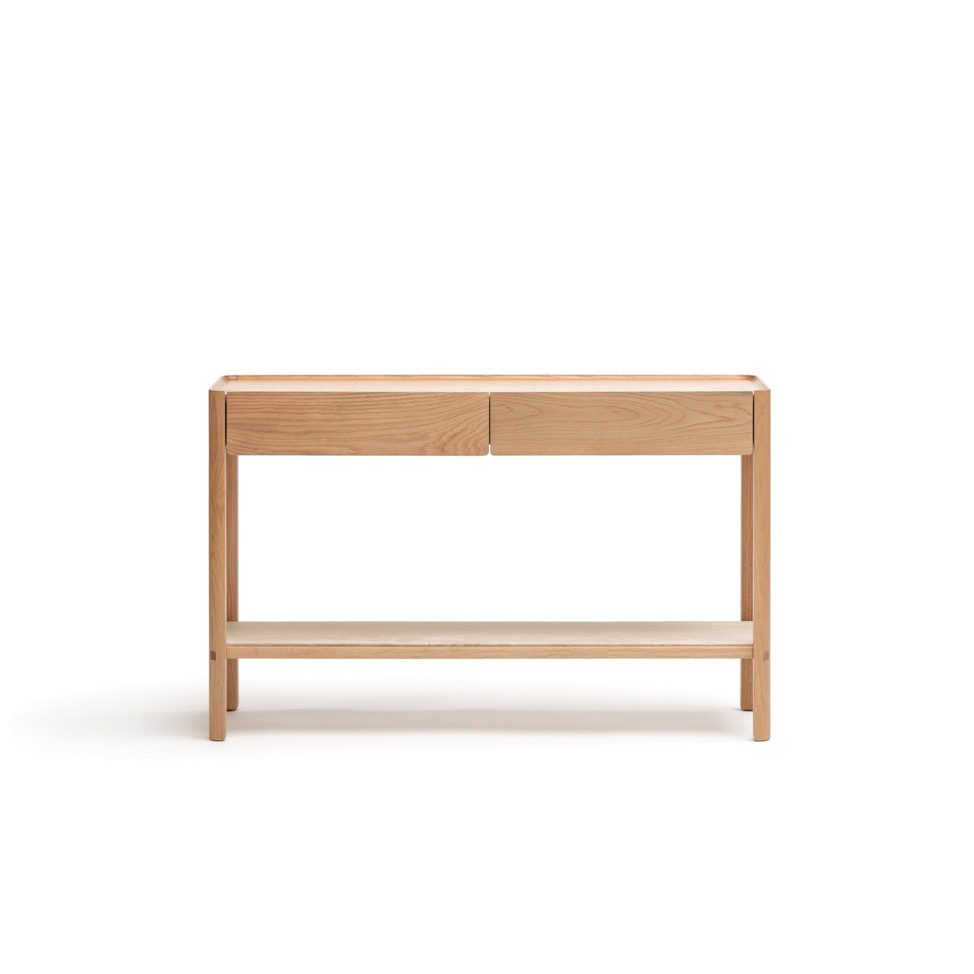 The Nell Console by Wooden Stories features a minimalist Scandinavian design in light oak with stone accents, two drawers, and an open lower shelf, set against a plain white background.